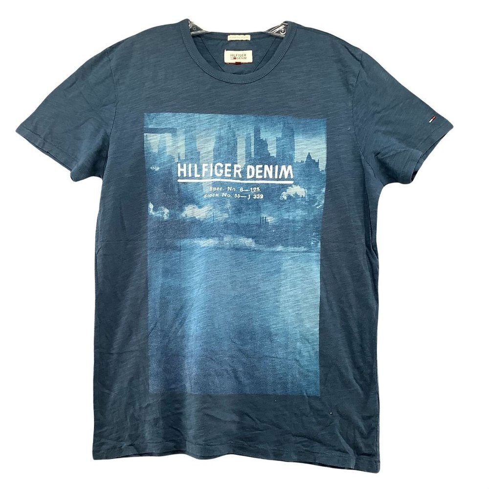 Tommy Hilfiger T Shirt Mens L Short Sleeve Blue City Graphic Crewneck Cotton